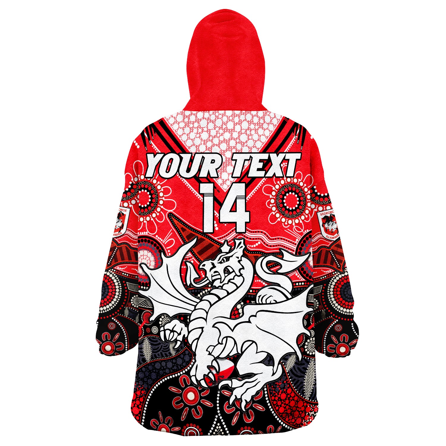 (Custom Text And Number) Dragons Rugby Indigenous Pattern Artsy Version Wearable Blanket Hoodie - Vibe Hoodie Shop
