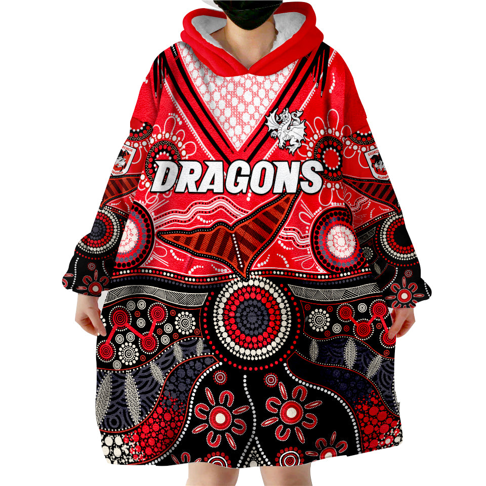 (Custom Text And Number) Dragons Rugby Indigenous Pattern Artsy Version Wearable Blanket Hoodie - Vibe Hoodie Shop