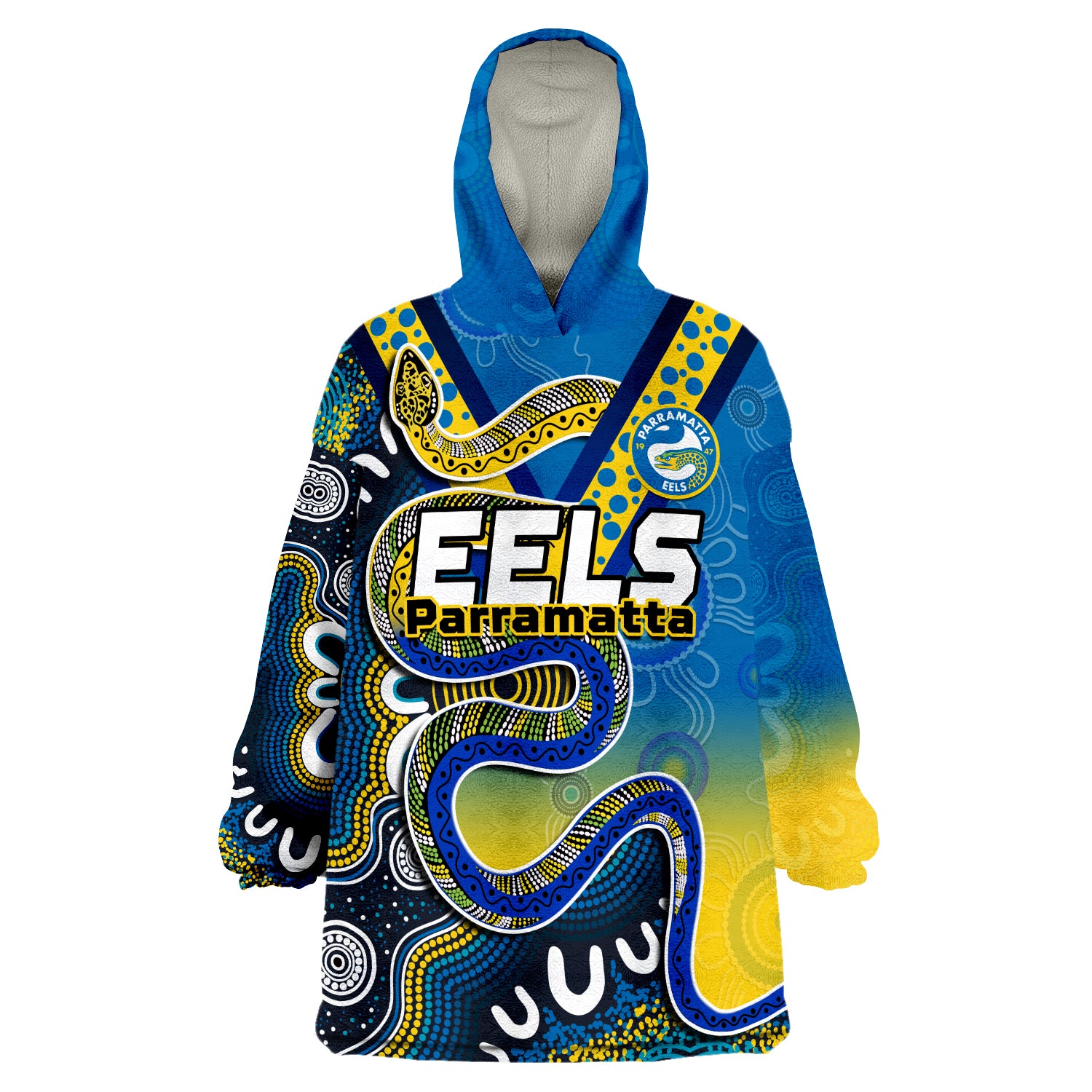 (Custom Text And Number) Eels Rugby Aboriginal Art Sporty Style Wearable Blanket Hoodie - Vibe Hoodie Shop