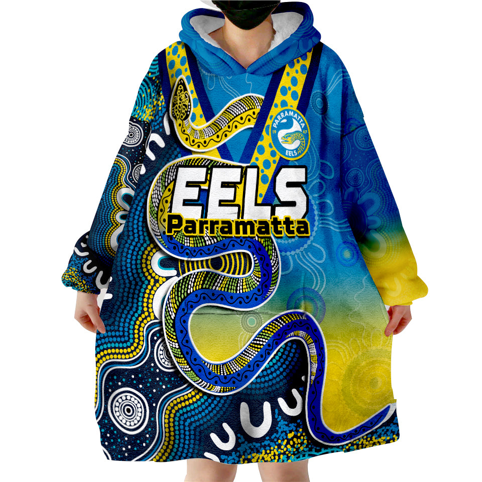 (Custom Text And Number) Eels Rugby Aboriginal Art Sporty Style Wearable Blanket Hoodie - Vibe Hoodie Shop