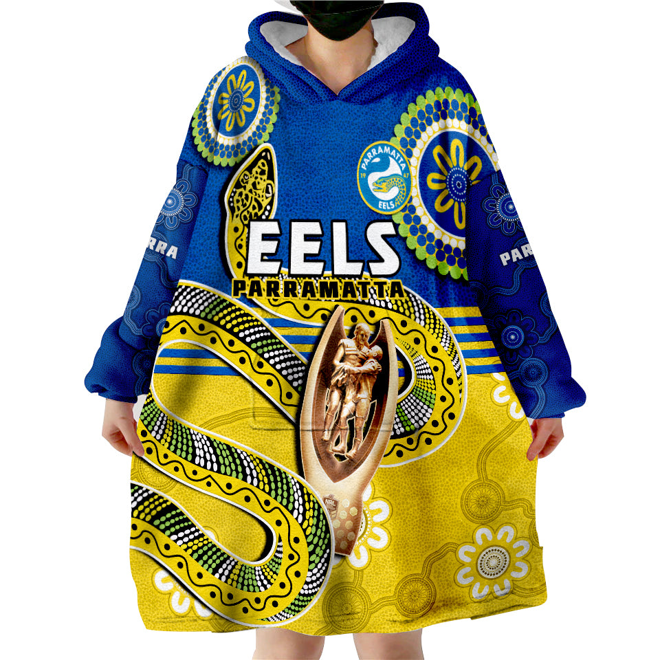 (Custom Text And Number) Eels Rugby Parra 2022 Indigenous Proud Premiers Wearable Blanket Hoodie - Vibe Hoodie Shop