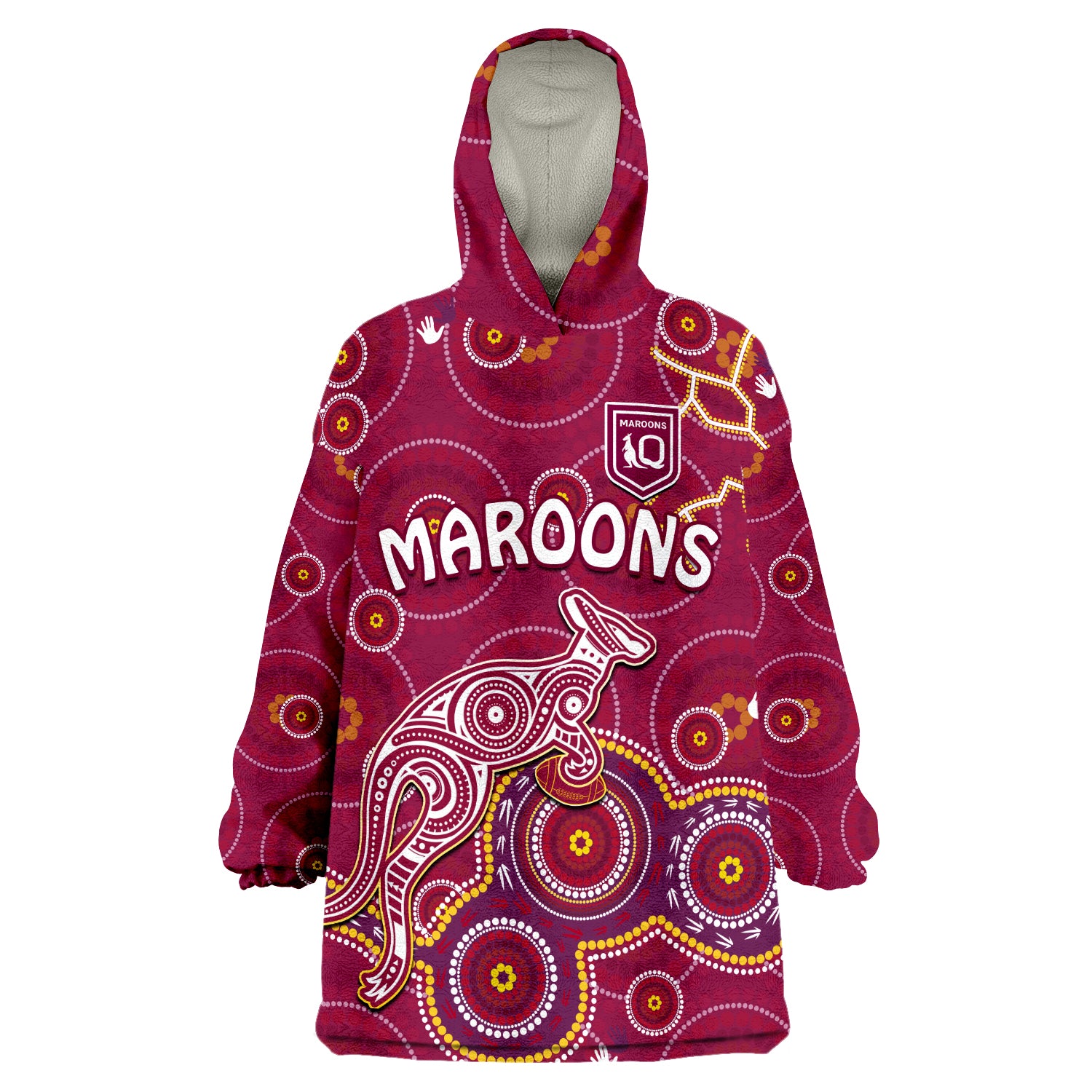 (Custom Text And Number) Maroons Rugby Kangaroo Indigenous Pattern Unique Version Wearable Blanket Hoodie - Vibe Hoodie Shop