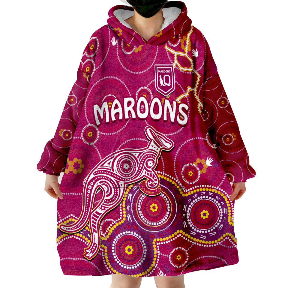 (Custom Text And Number) Maroons Rugby Kangaroo Indigenous Pattern Unique Version Wearable Blanket Hoodie - Vibe Hoodie Shop