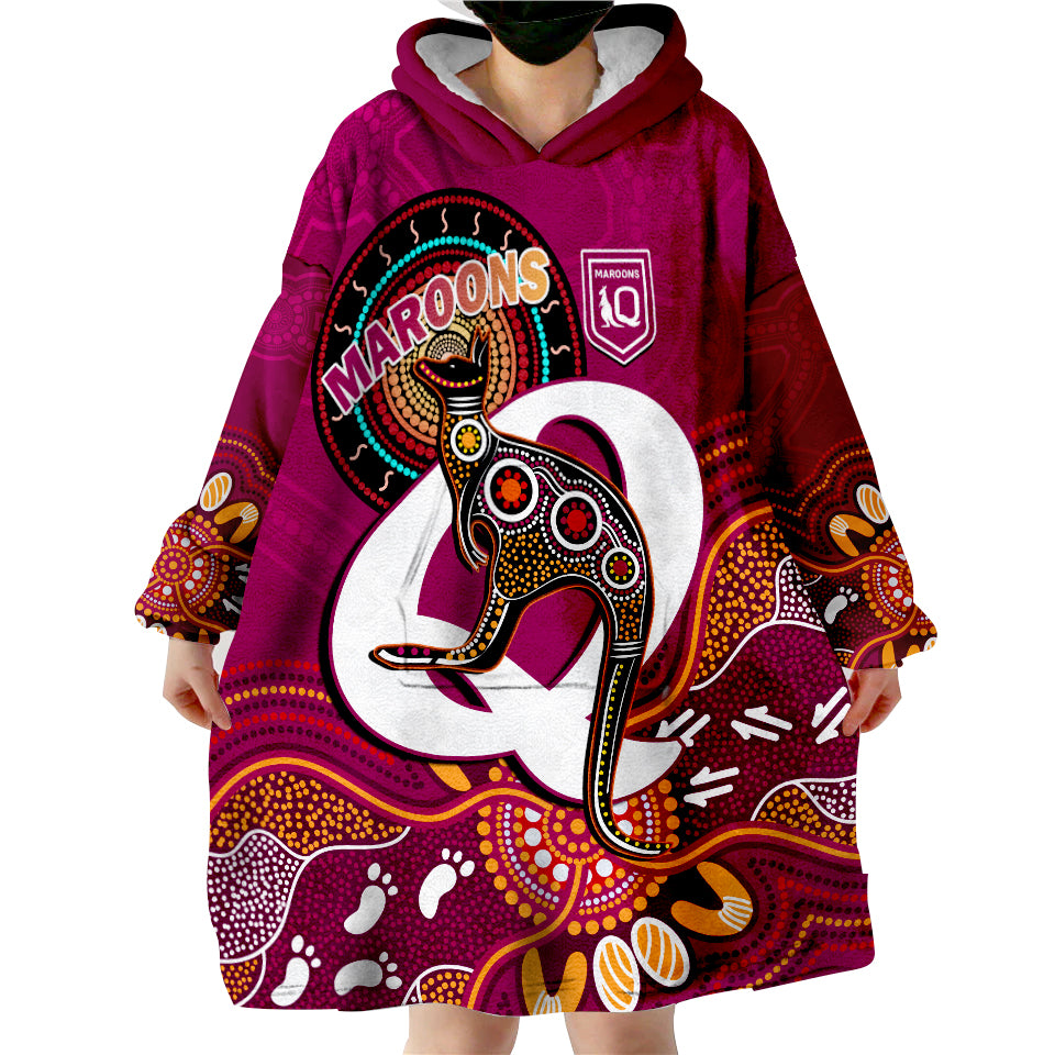(Custom Text And Number) Maroons Rugby Queensland Kangaroo Aboriginal Dot Paintings Wearable Blanket Hoodie - Vibe Hoodie Shop