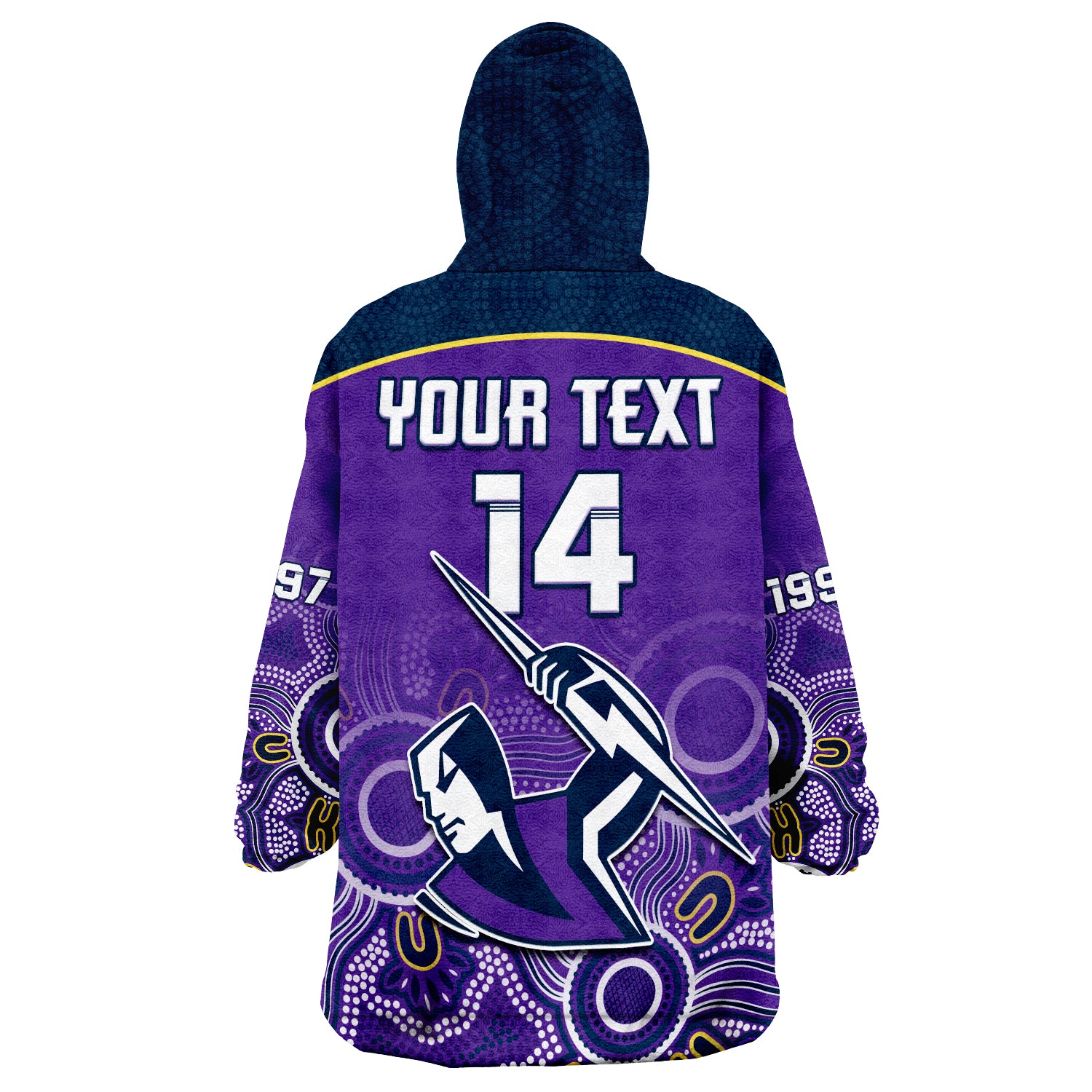 (Custom Text And Number) Melbourne Storm Rugby Indigenous Boomerang Gradient Style Wearable Blanket Hoodie - Vibe Hoodie Shop