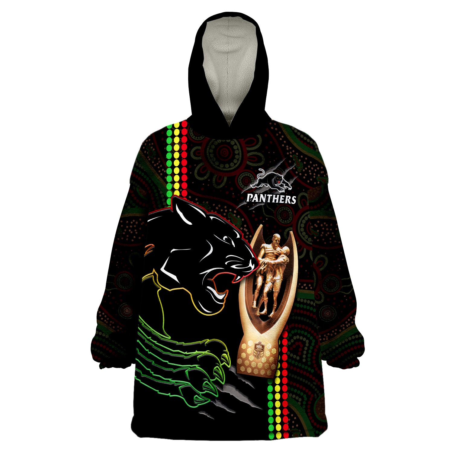 (Custom Text And Number) Panthers Rugby The Riff 2022 Premiers Aboriginal Art Wearable Blanket Hoodie - Vibe Hoodie Shop