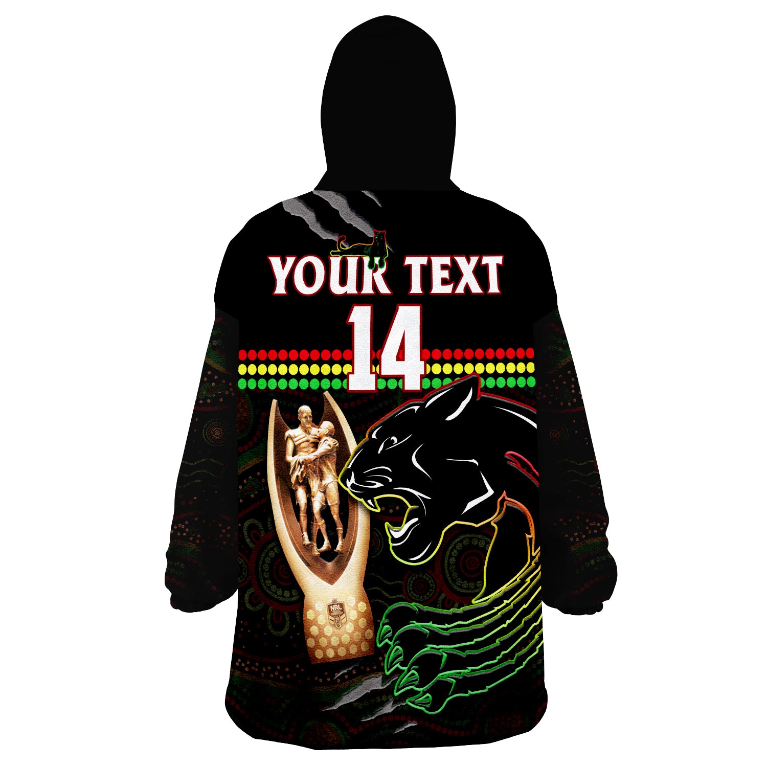 (Custom Text And Number) Panthers Rugby The Riff 2022 Premiers Aboriginal Art Wearable Blanket Hoodie - Vibe Hoodie Shop