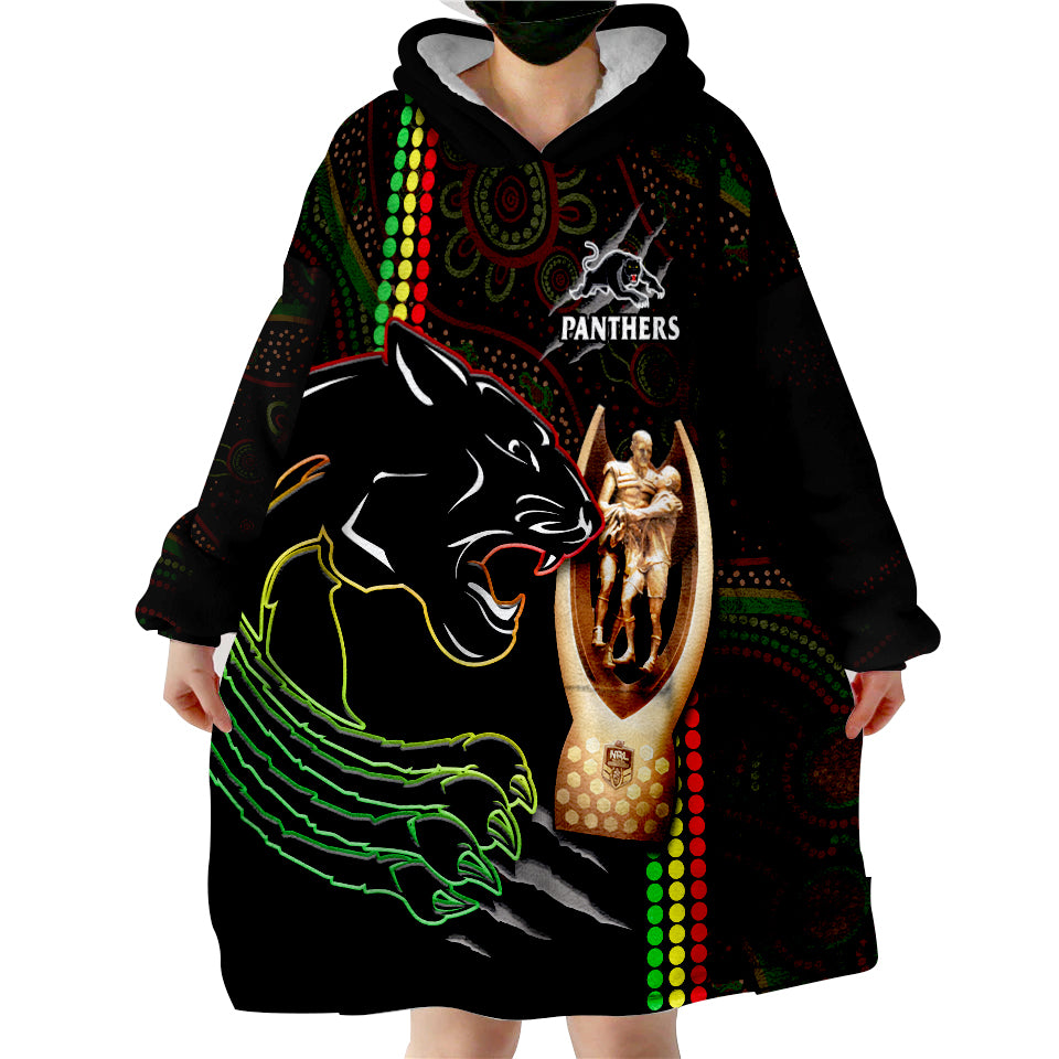 (Custom Text And Number) Panthers Rugby The Riff 2022 Premiers Aboriginal Art Wearable Blanket Hoodie - Vibe Hoodie Shop