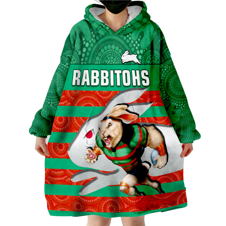 (Custom Text And Number) Rabbitohs Rugby Aboriginal Dot Painting Glory Glory Sporty Style Wearable Blanket Hoodie - Vibe Hoodie Shop