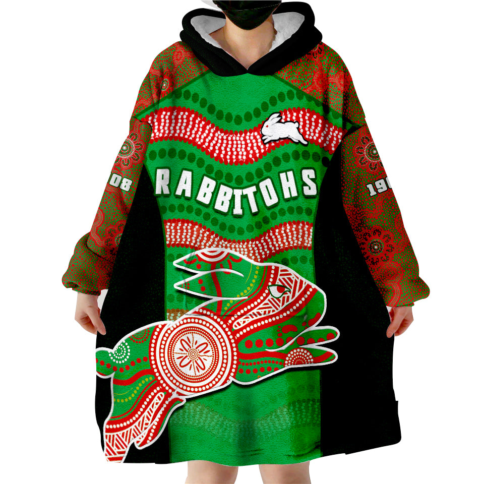 (Custom Text And Number) Rabbitohs Rugby Souths 1908 Aboriginal Dot Painting Go Bunnies Wearable Blanket Hoodie - Vibe Hoodie Shop