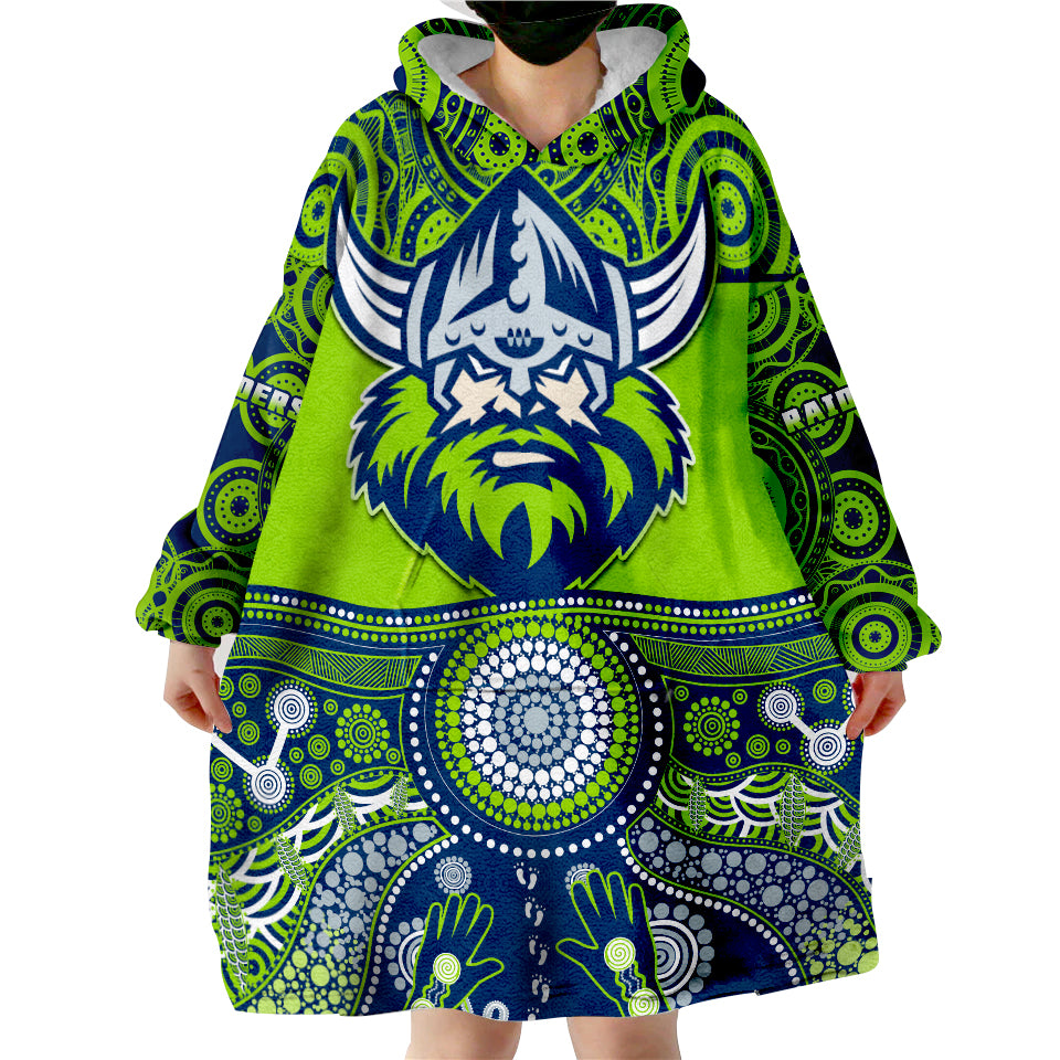 (Custom Text And Number) Raiders Rugby Aboriginal Pattern Wearable Blanket Hoodie - Vibe Hoodie Shop