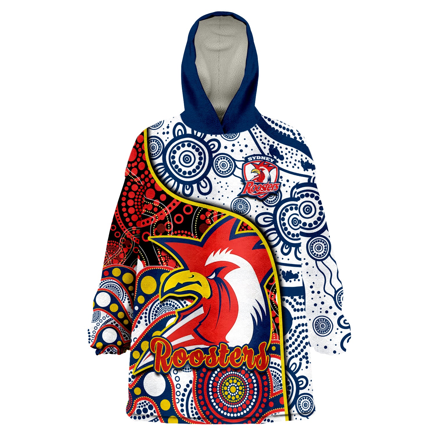 (Custom Text And Number) Roosters Rugby Easts 1908 Aboriginal Artsy Premiers Wearable Blanket Hoodie - Vibe Hoodie Shop