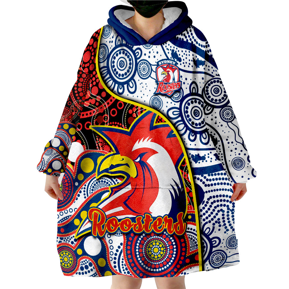 (Custom Text And Number) Roosters Rugby Easts 1908 Aboriginal Artsy Premiers Wearable Blanket Hoodie - Vibe Hoodie Shop