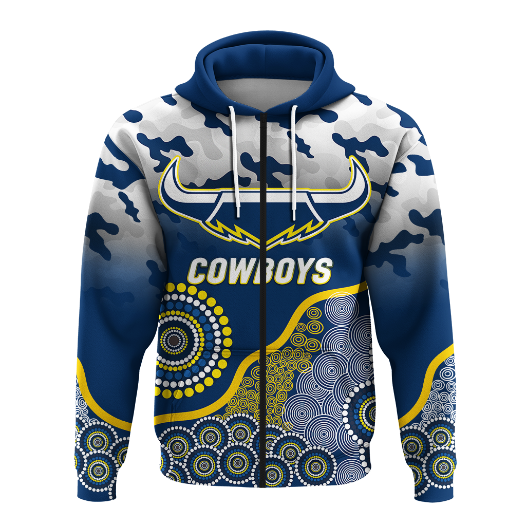 (Custom Personalised) Cowboys Rugby ANZAC Day Camouflage Indigenous Art Hoodie - LT12 - Vibe Hoodie Shop