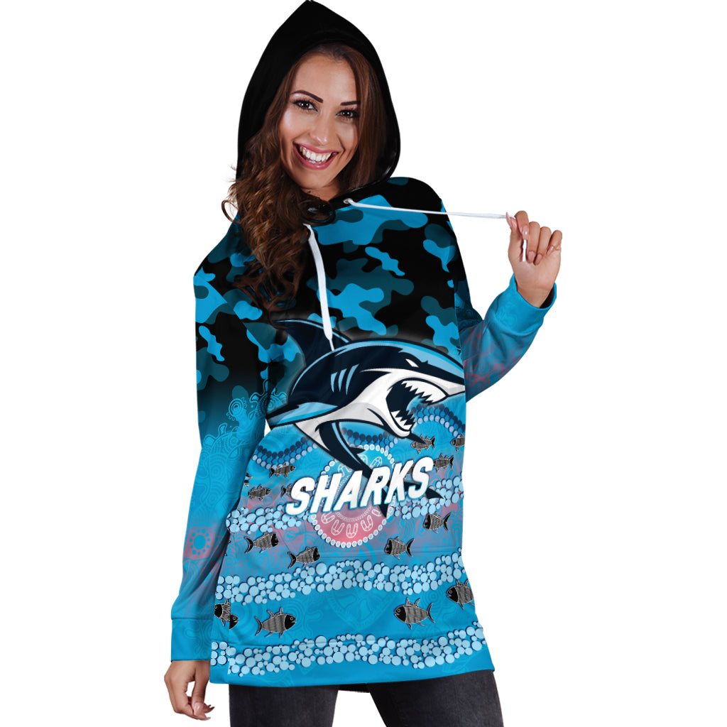 (Custom Personalised) Sharks Rugby ANZAC Day Camouflage Indigenous Art Hoodie Dress - - Vibe Hoodie Shop