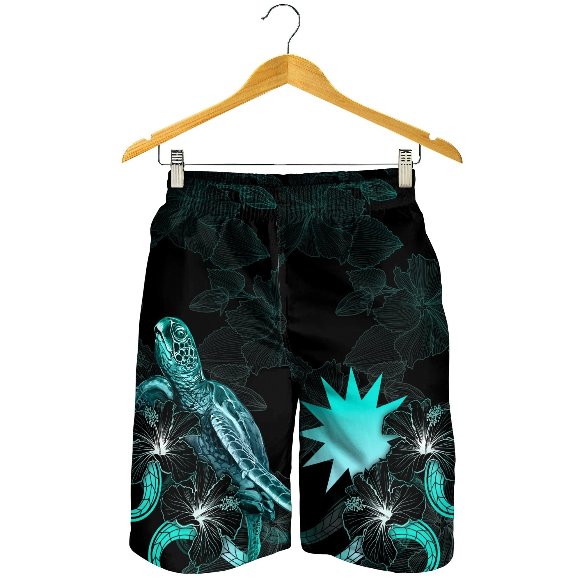 Nauru Polynesian Men's Shorts - Turtle With Blooming Hibiscus Turquoise - Vibe Hoodie Shop