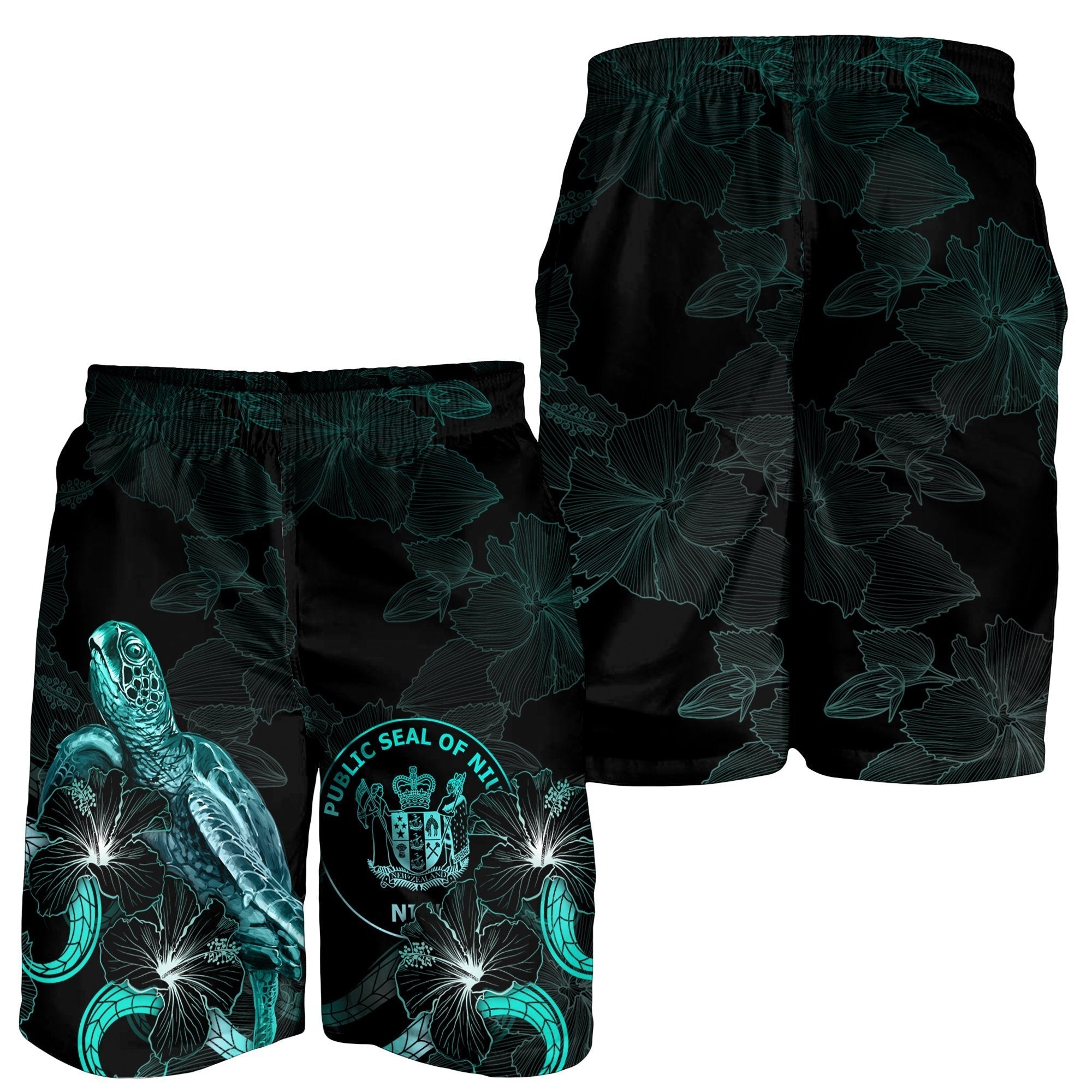 Niue Polynesian Men's Shorts - Turtle With Blooming Hibiscus Turquoise - Vibe Hoodie Shop