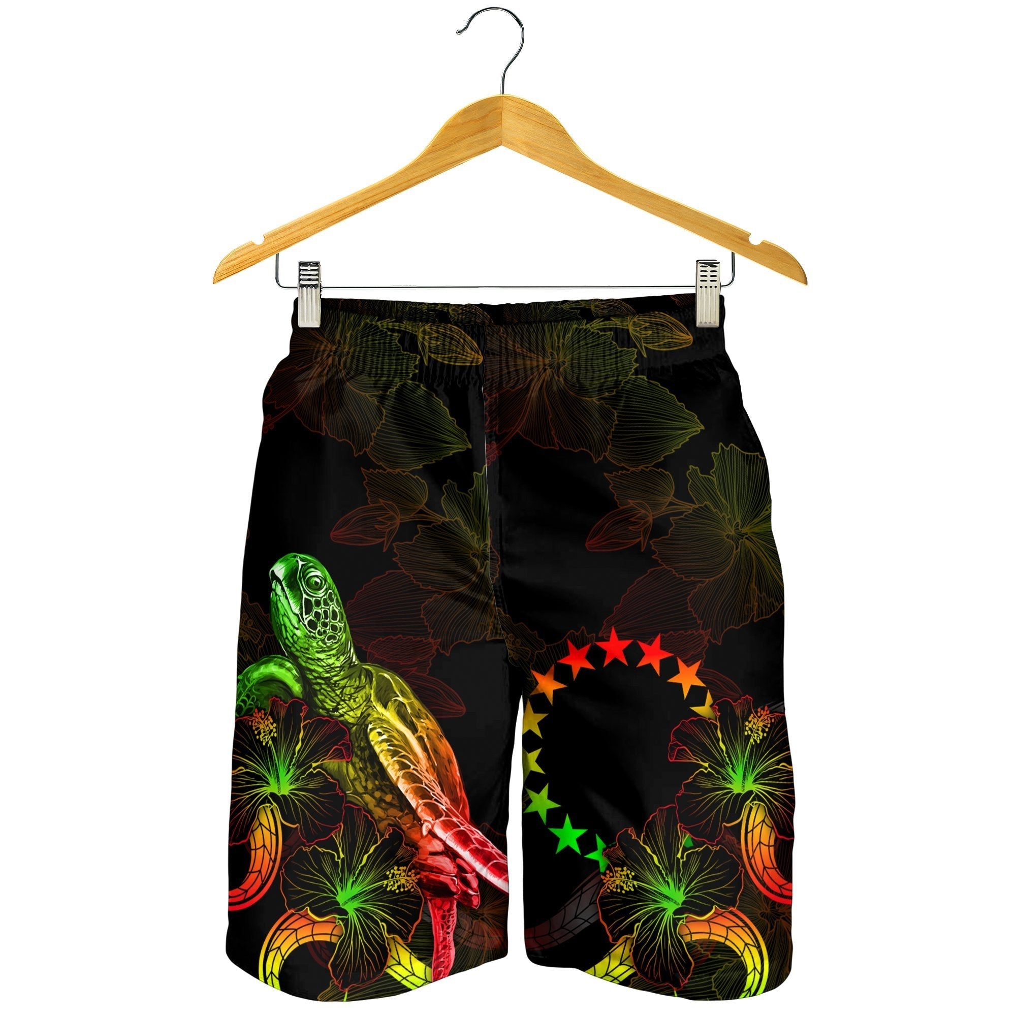 Cook Islands Polynesian Men's Shorts - Turtle With Blooming Hibiscus Reggae - Vibe Hoodie Shop