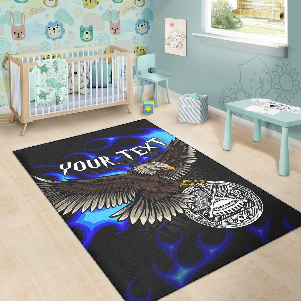 American Samoa Polynesian Custom Personalised Area Rug - Eagle With Flame Blue - Vibe Hoodie Shop