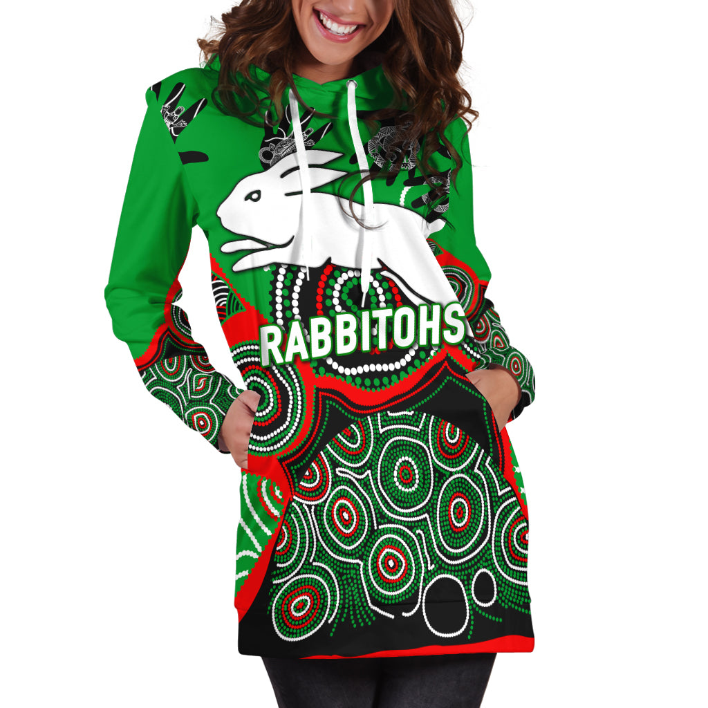 (Custom Personalised) Rabbitohs Rugby Aboriginal Art Hoodie Dress - - Vibe Hoodie Shop