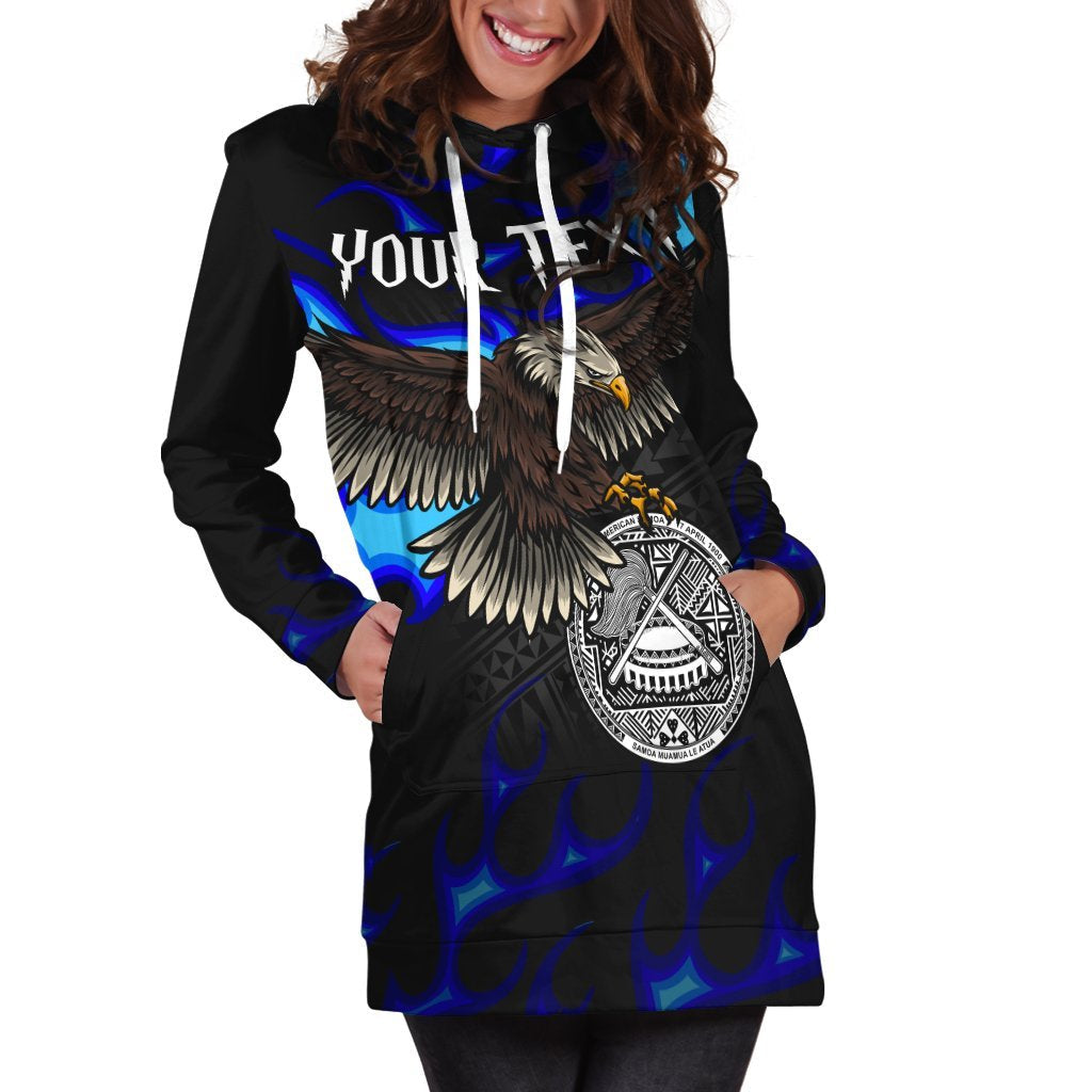 American Samoa Polynesian Custom Personalised Hoodie Dress - Eagle With Flame Blue - Vibe Hoodie Shop