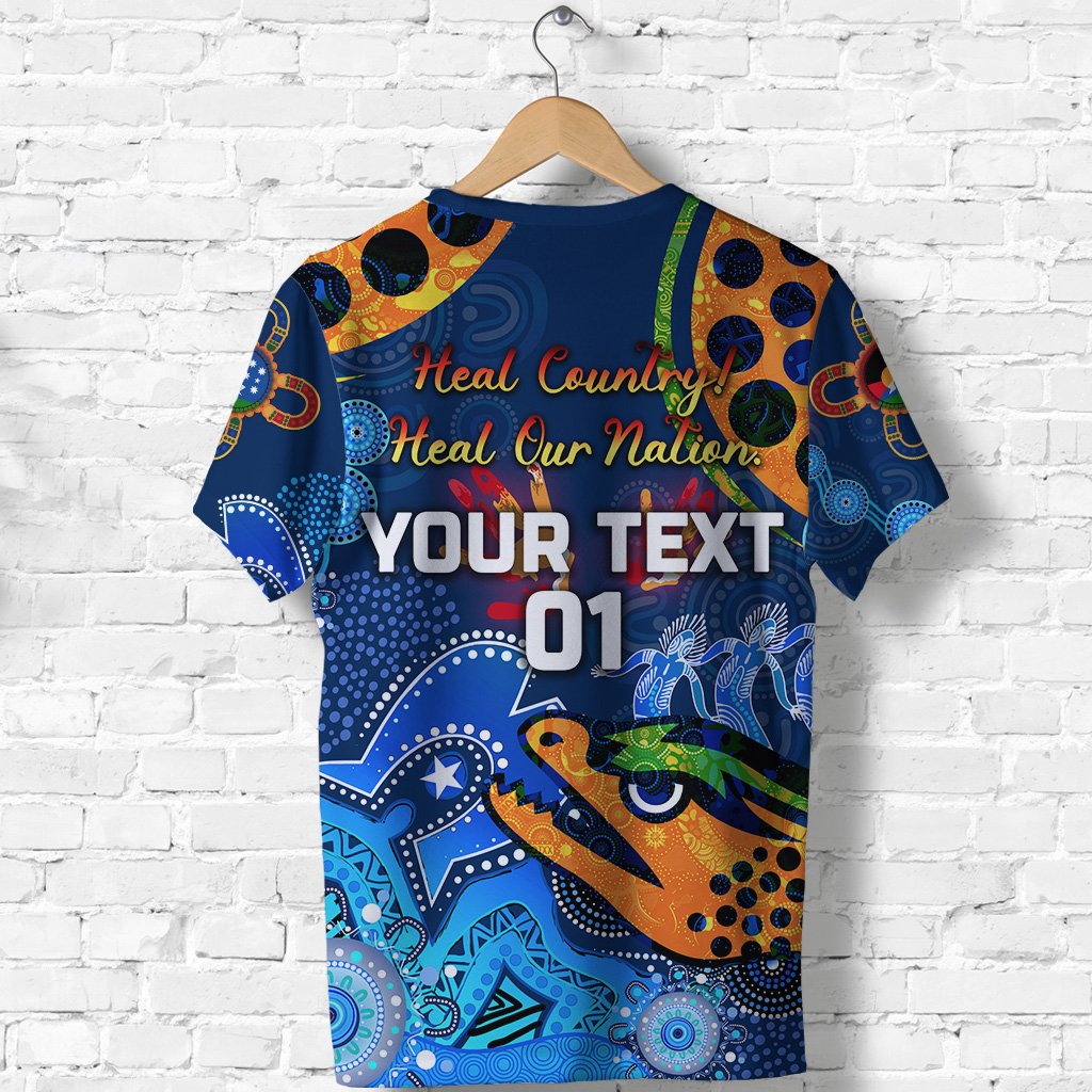 (Custom Personalised) Parramatta T shirt Eels Indigenous NAIDOC Heal Country! Heal Our Nation - Blue, Custom Text And Number - Vibe Hoodie Shop