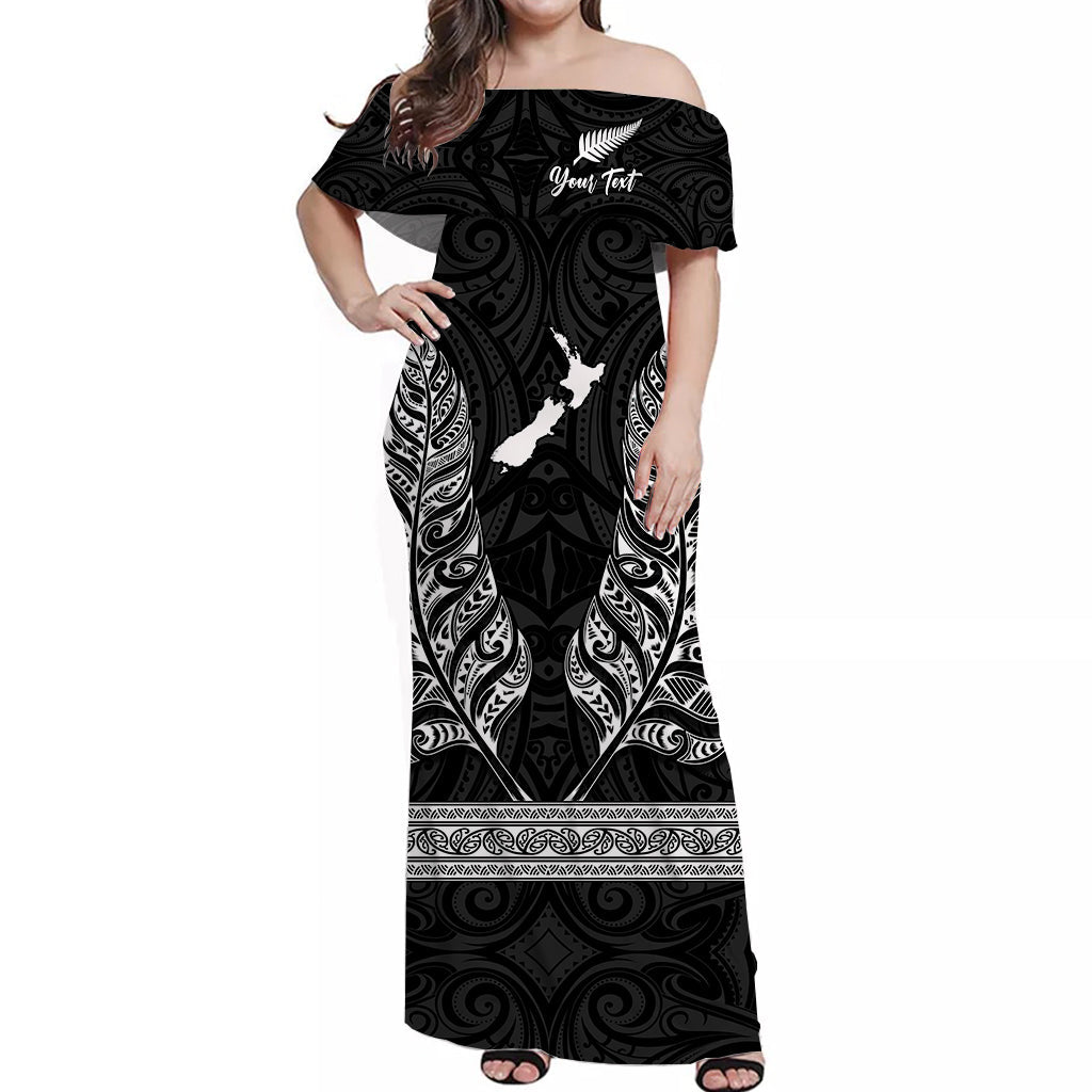 (Custom Personalised) New Zealand Silver Fern Off Shoulder Long Dress Maori Pattern Black - Vibe Hoodie Shop