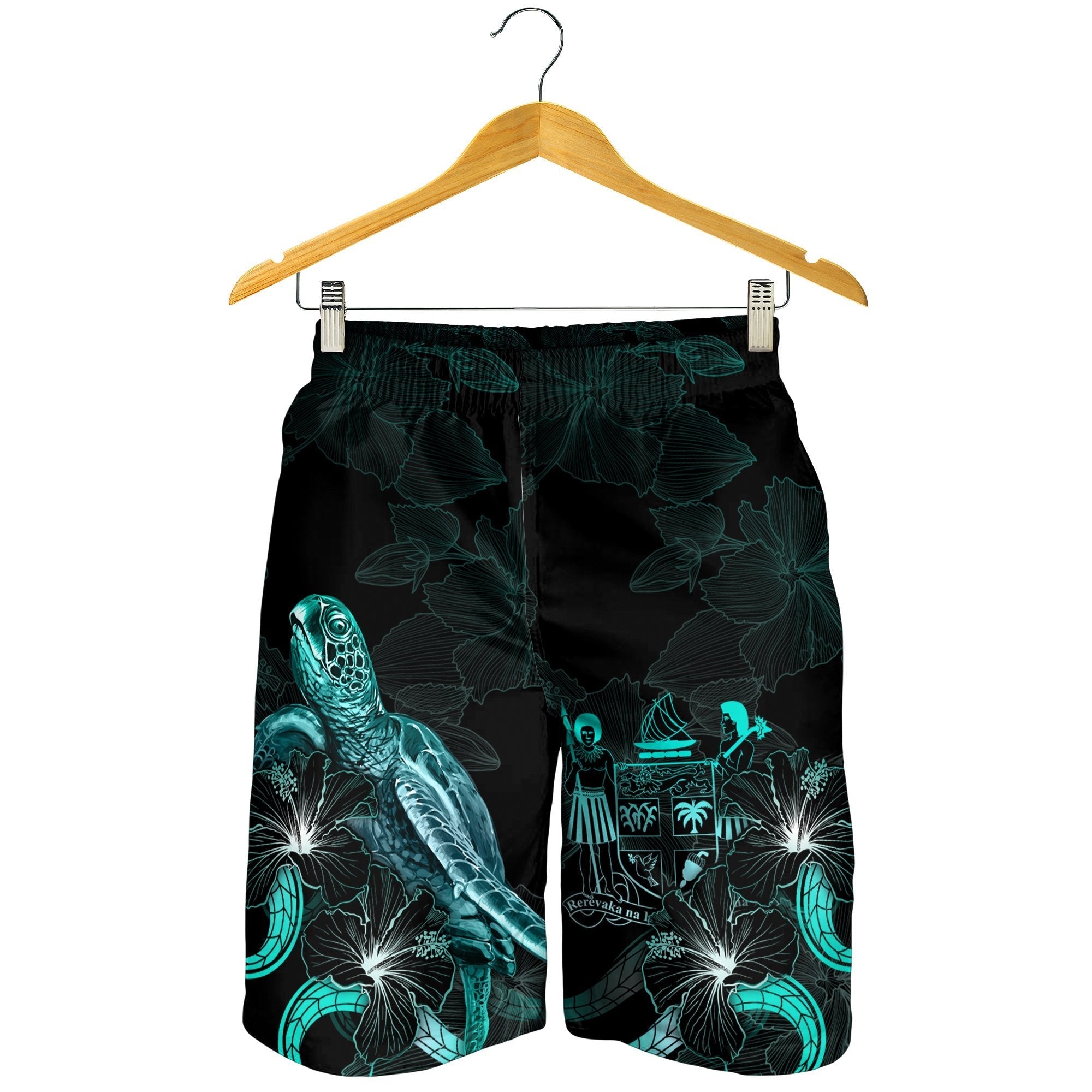 Fiji Polynesian Men's Shorts - Turtle With Blooming Hibiscus Turquoise - Vibe Hoodie Shop