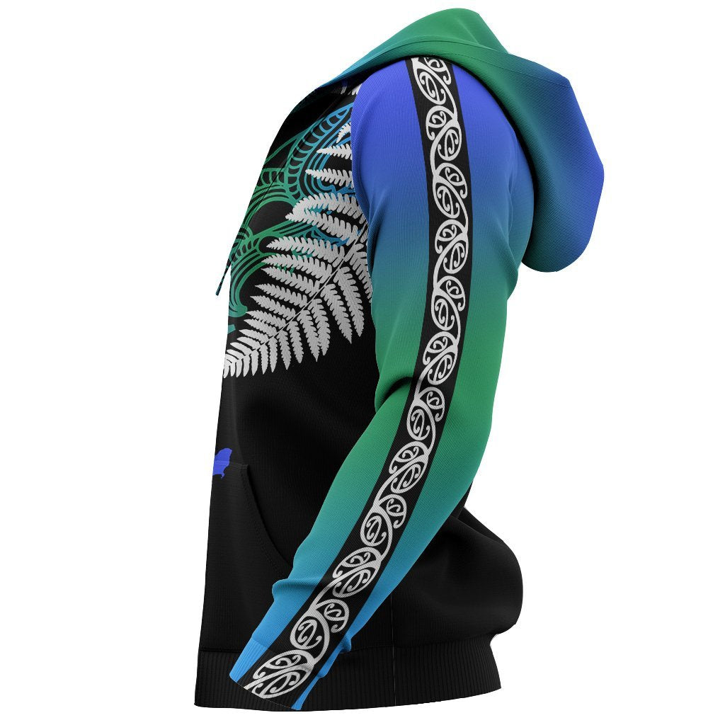 New Zealand Maori Zip Hoodie, Silver Fern Poutama Full Zip Hoodie - Vibe Hoodie Shop