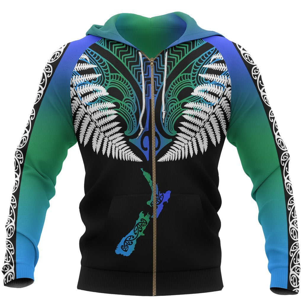 New Zealand Maori Zip Hoodie, Silver Fern Poutama Full Zip Hoodie - Vibe Hoodie Shop