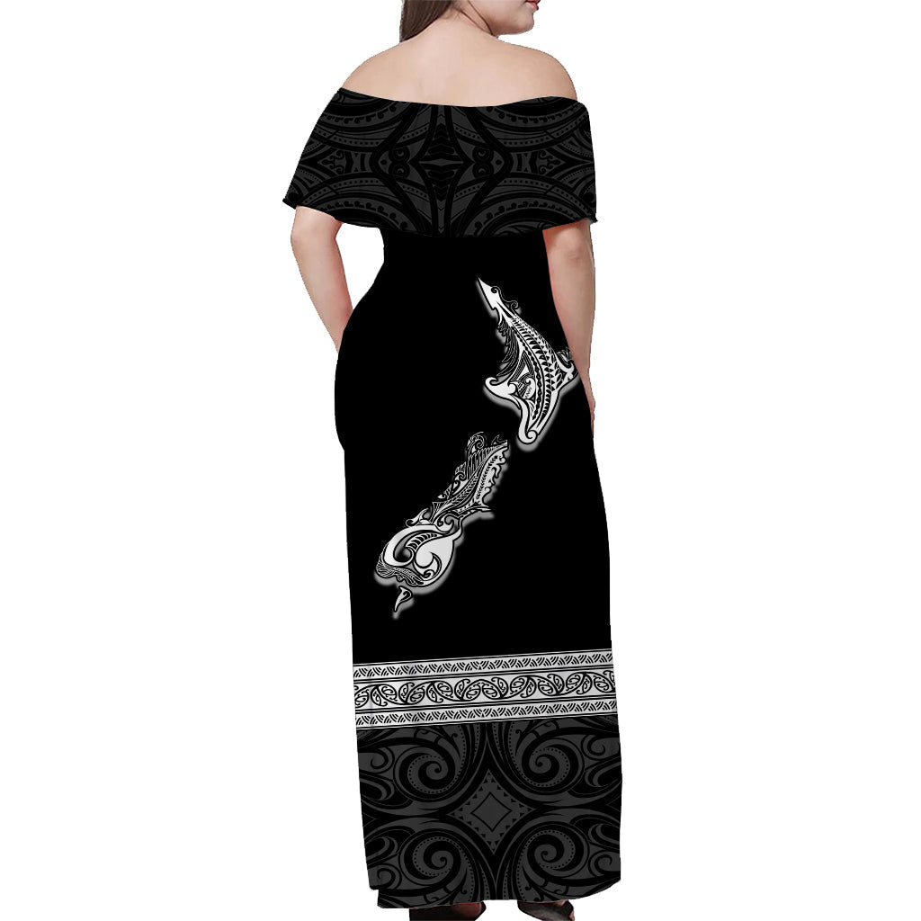 (Custom Personalised) New Zealand Off Shoulder Long Dress Maori Fern and Map Black - Vibe Hoodie Shop