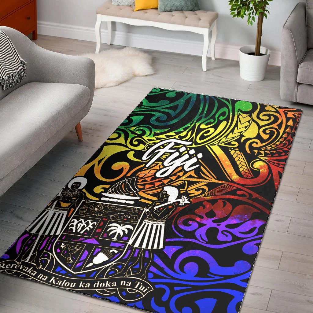 Fiji Area Rug - Rainbow Polynesian Pattern Crest - Vibe Hoodie Shop