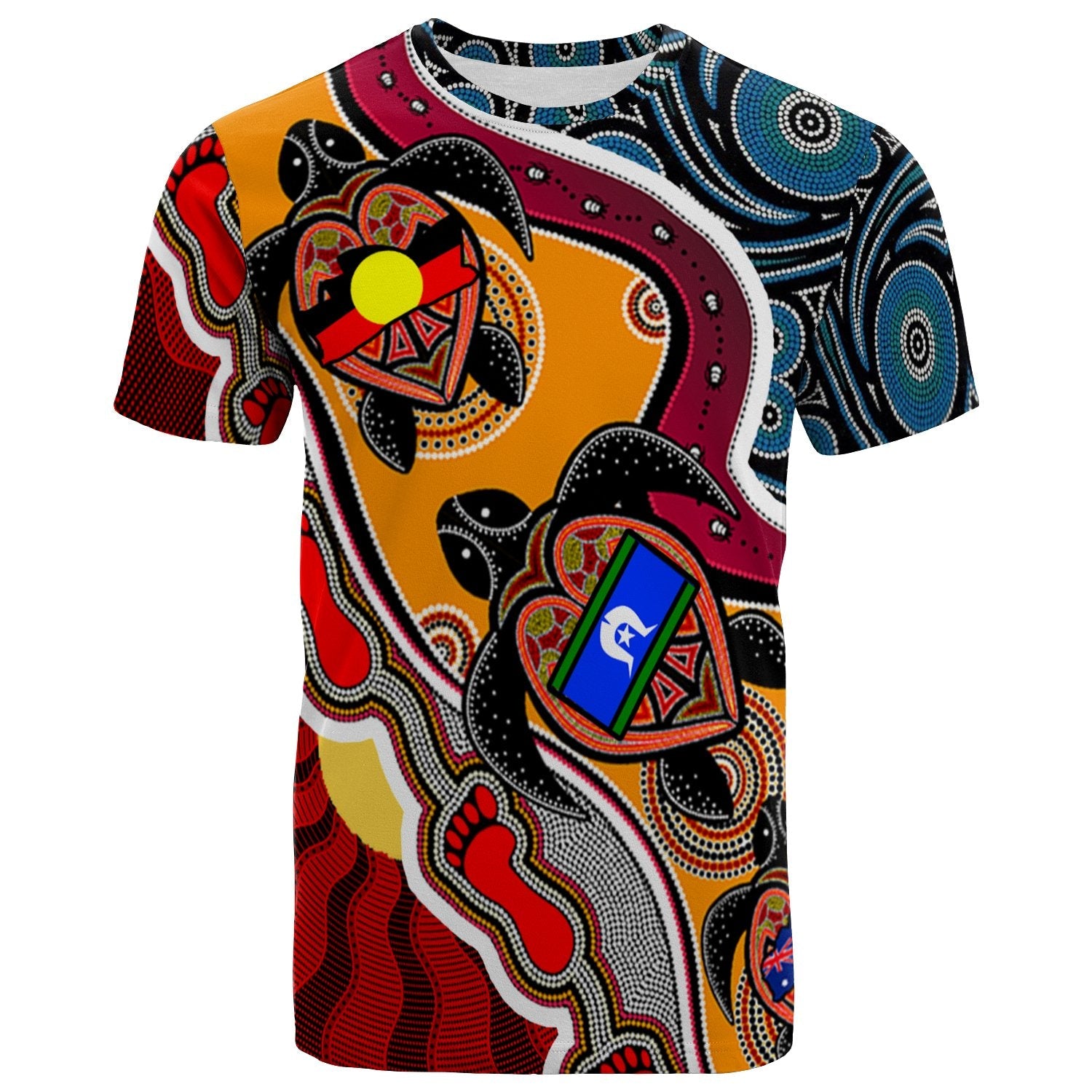 T shirt - Australia Aboriginal Dots With Turtle and NAIDOC Flags - Vibe Hoodie Shop