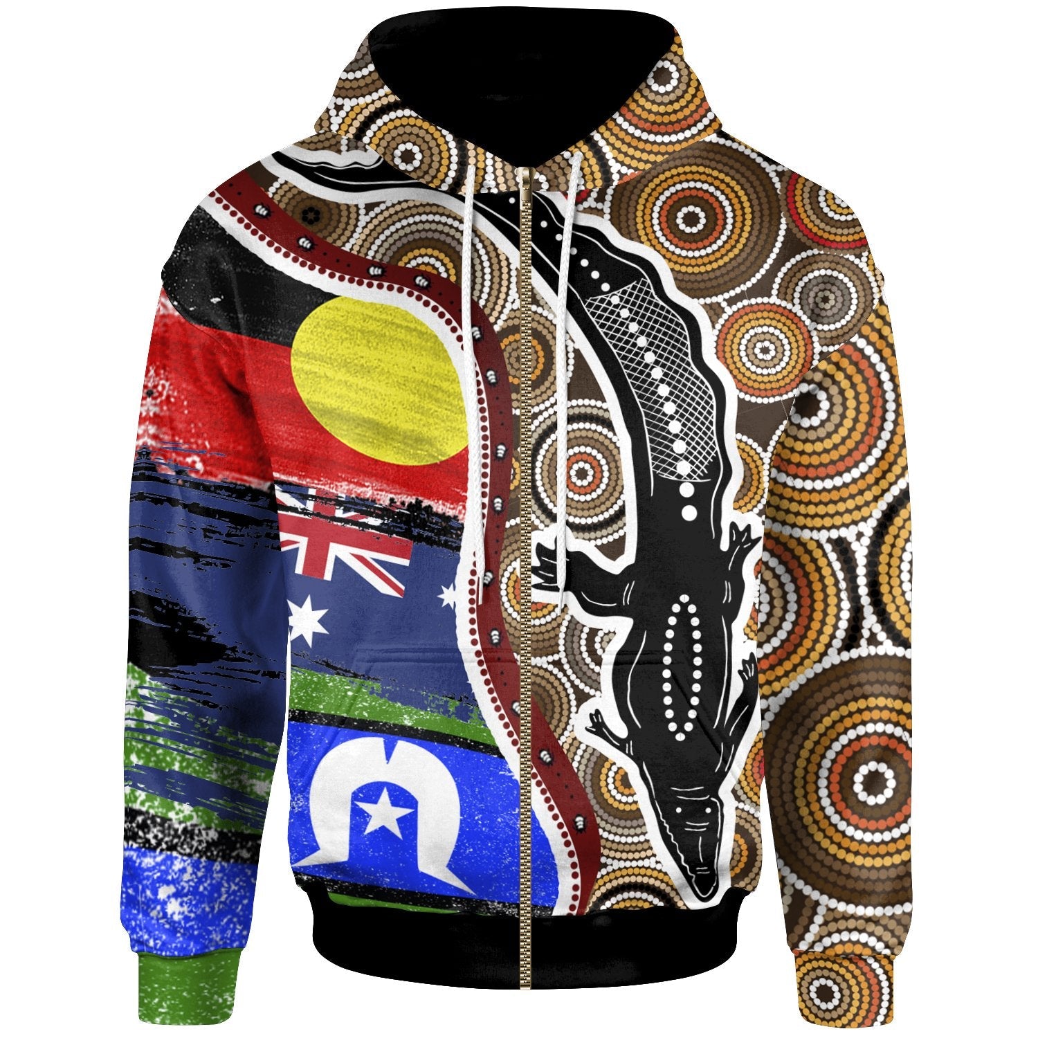 Zip - Up Hoodie - Australian Aboriginal Crocodile With NAIDOC Flags - Vibe Hoodie Shop