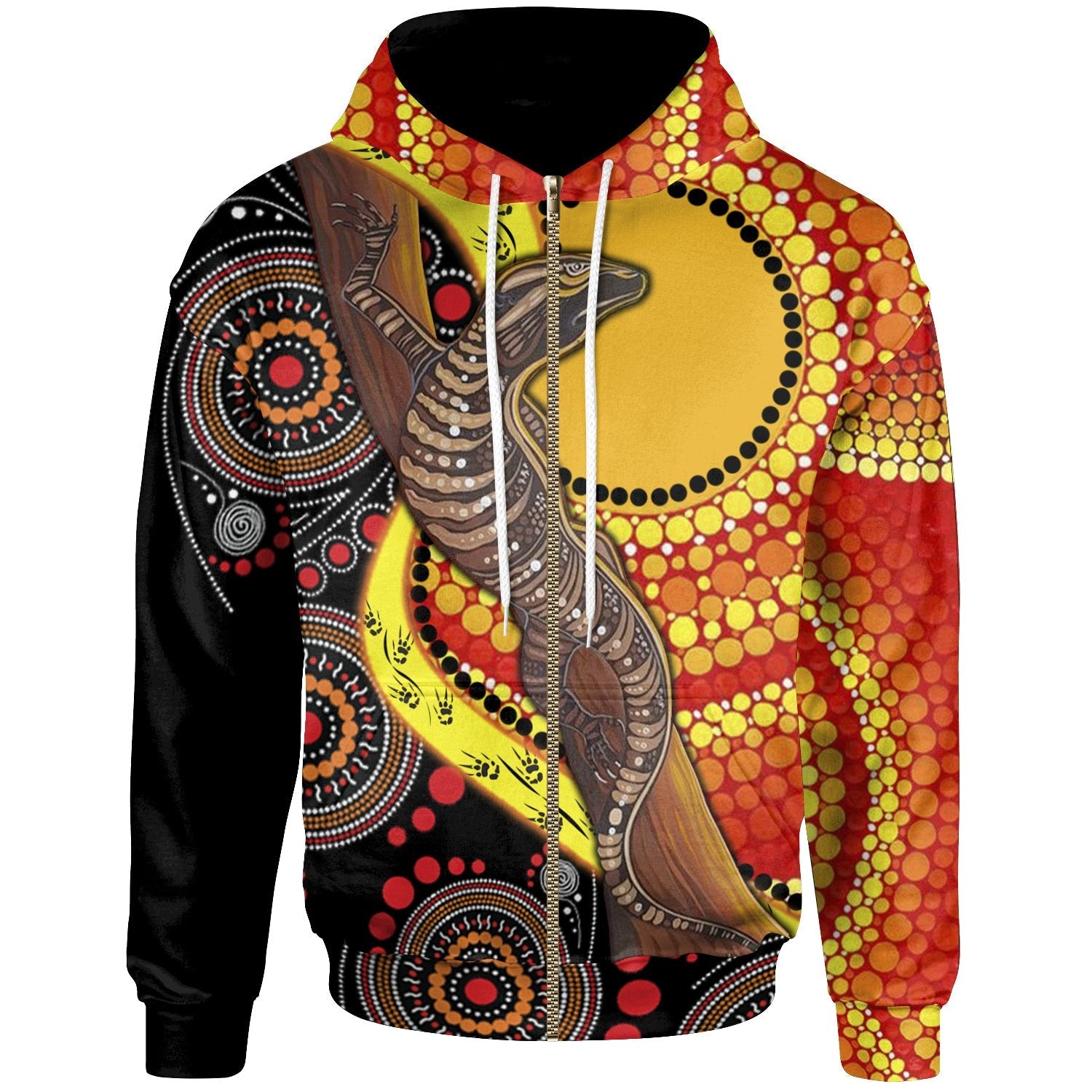 Zip - Up Hoodie - Australian Aboriginal Dot Painting Sun and Lizard - Vibe Hoodie Shop