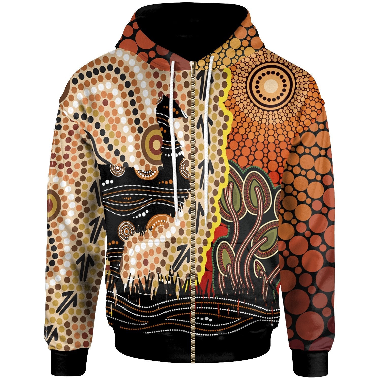 Zip - Up Hoodie - Australian Aboriginal Sun and Emu - Vibe Hoodie Shop