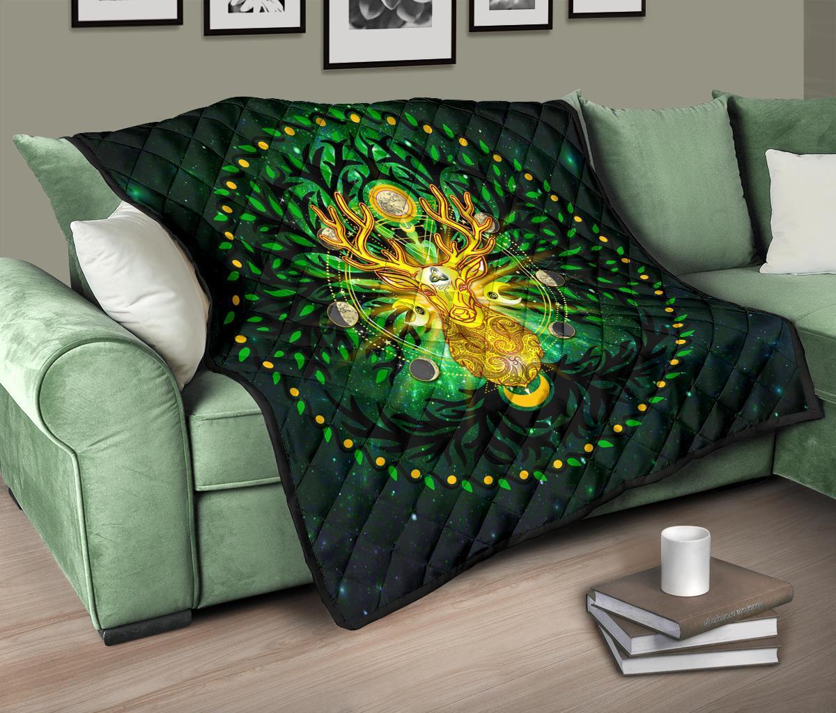 Celtic Pagan Deer Premium Quilt - Moon Phases Deer with Tree of Life - Vibe Hoodie Shop
