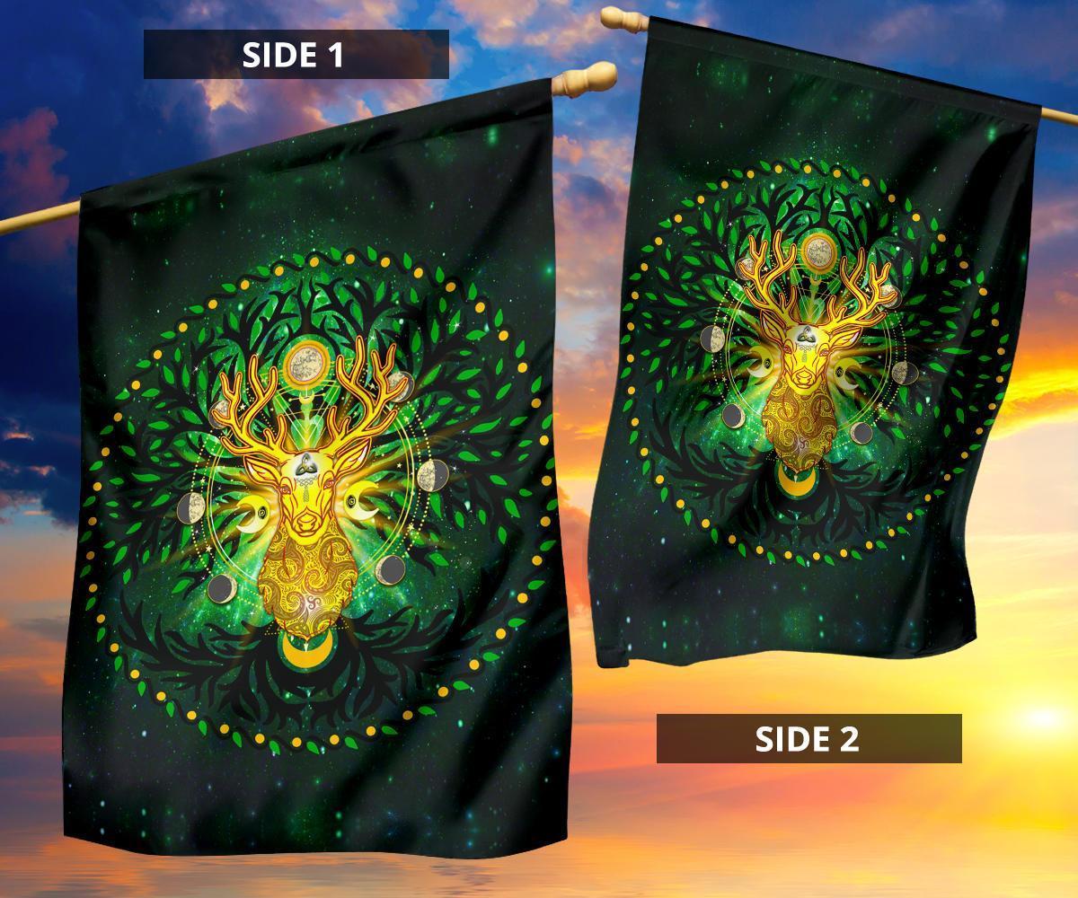 Celtic Pagan Deer Flag - Moon Phases Deer with Tree of Life - Vibe Hoodie Shop