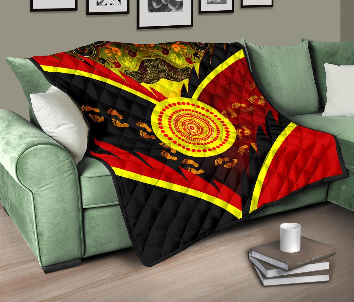 Aboriginal Premium Quilt - Indigenous Flag With Footprint Hand Art - Vibe Hoodie Shop