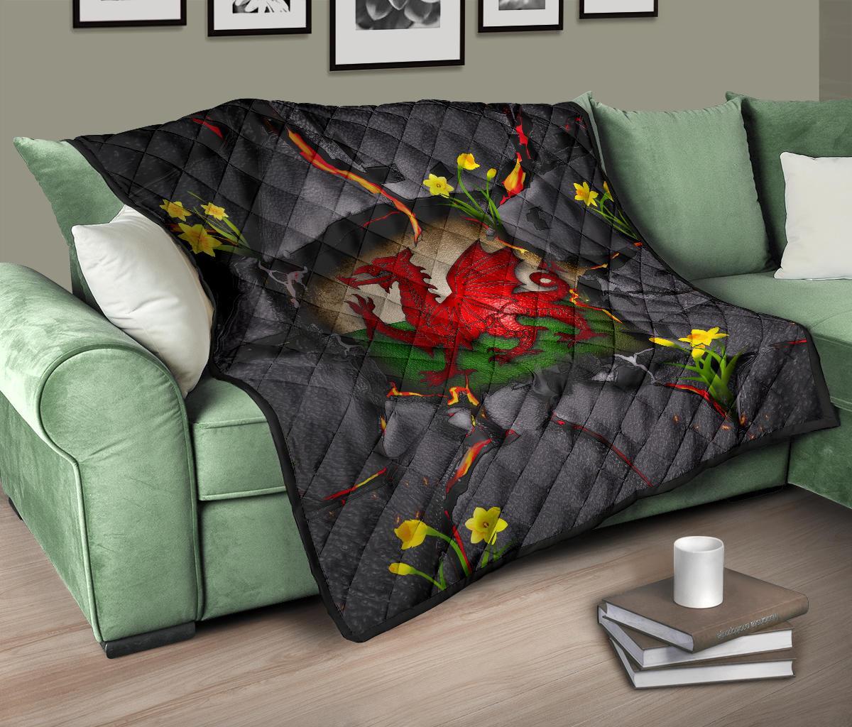 Wales Premium Quilt - Welsh Dragon Daffodil Lava - Vibe Hoodie Shop