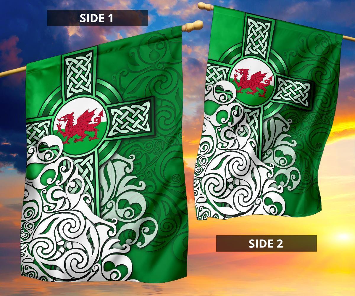 Wales Celtic Flag - Welsh Dragon Flag with Celtic Cross (Green) - Vibe Hoodie Shop