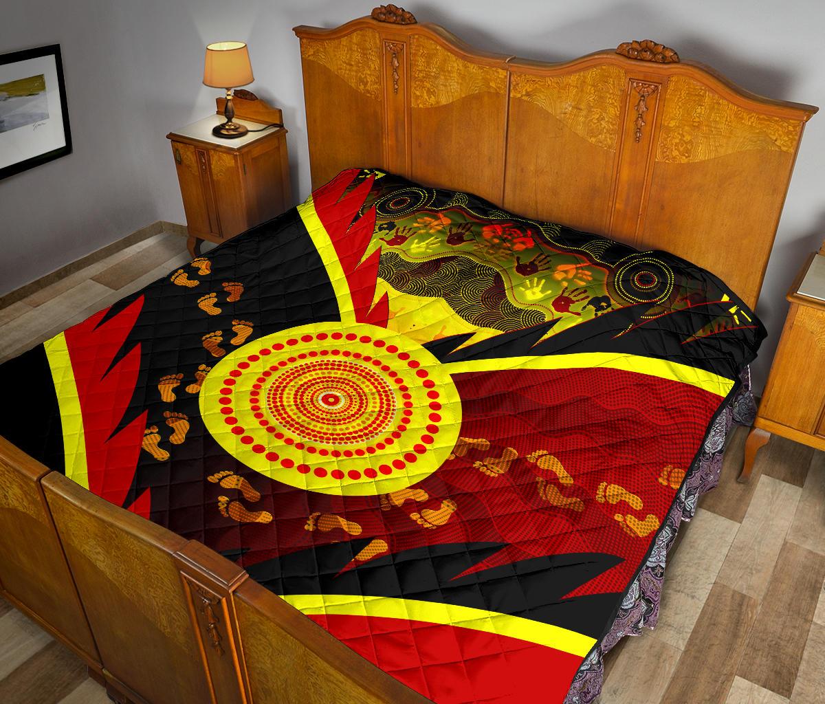 Aboriginal Premium Quilt - Indigenous Flag With Footprint Hand Art - Vibe Hoodie Shop