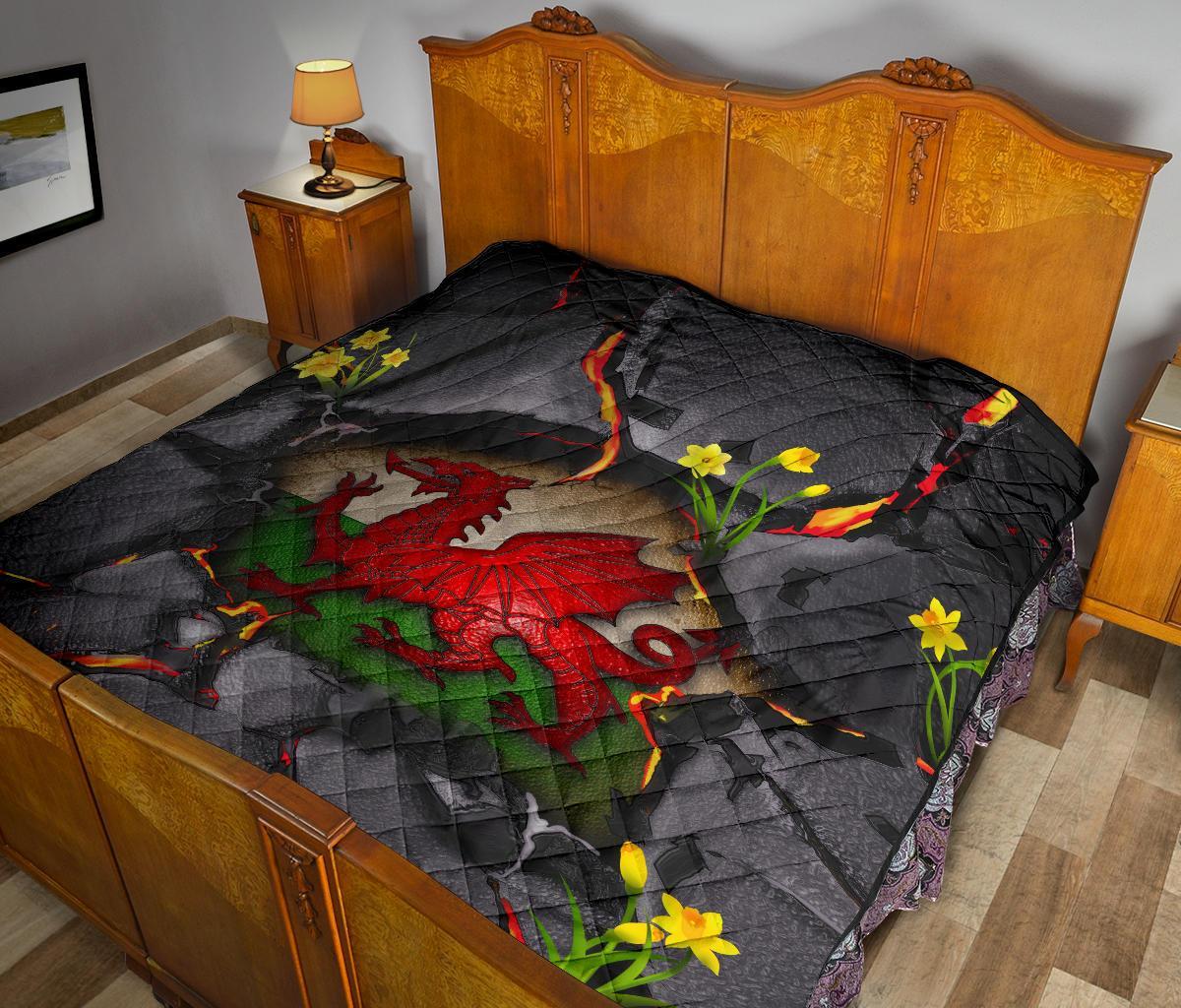 Wales Premium Quilt - Welsh Dragon Daffodil Lava - Vibe Hoodie Shop