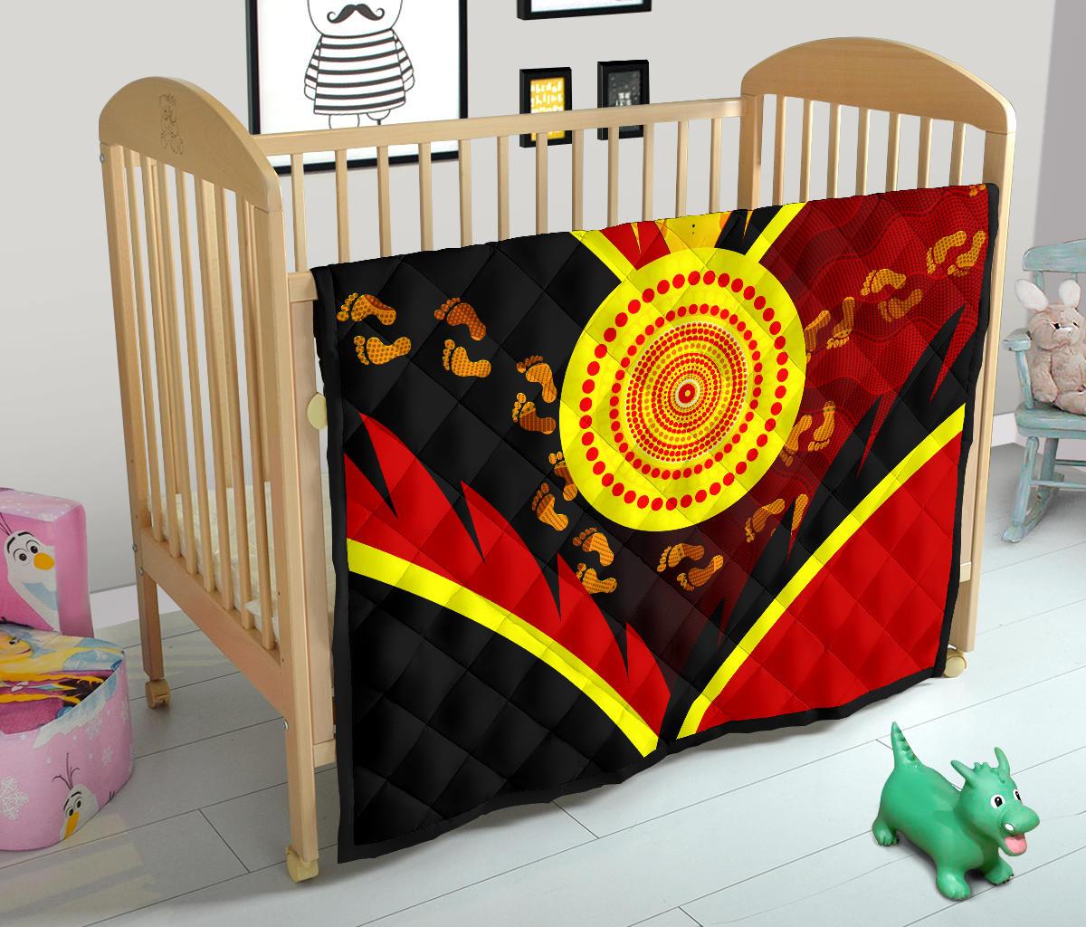 Aboriginal Premium Quilt - Indigenous Flag With Footprint Hand Art - Vibe Hoodie Shop