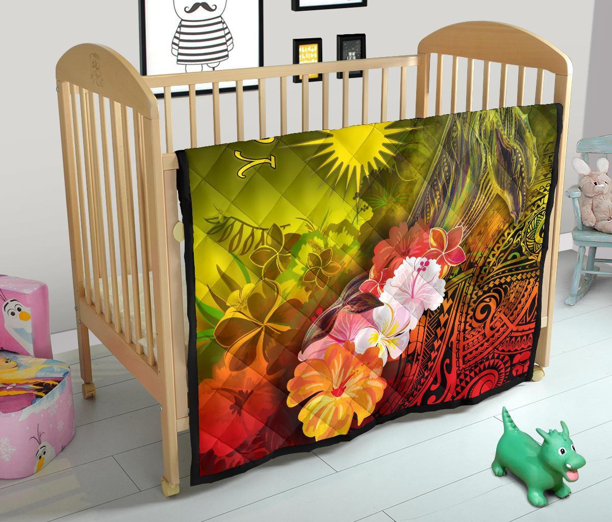 Marshall Islands Custom Personalised Premium Quilt - Humpback Whale with Tropical Flowers (Yellow) - Vibe Hoodie Shop