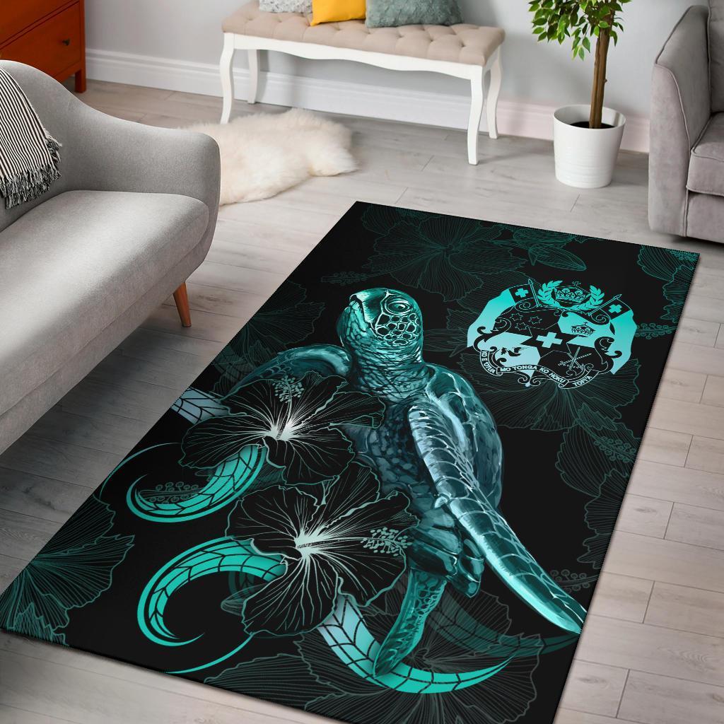 Tonga Polynesian Area Rugs - Turtle With Blooming Hibiscus Turquoise - Vibe Hoodie Shop