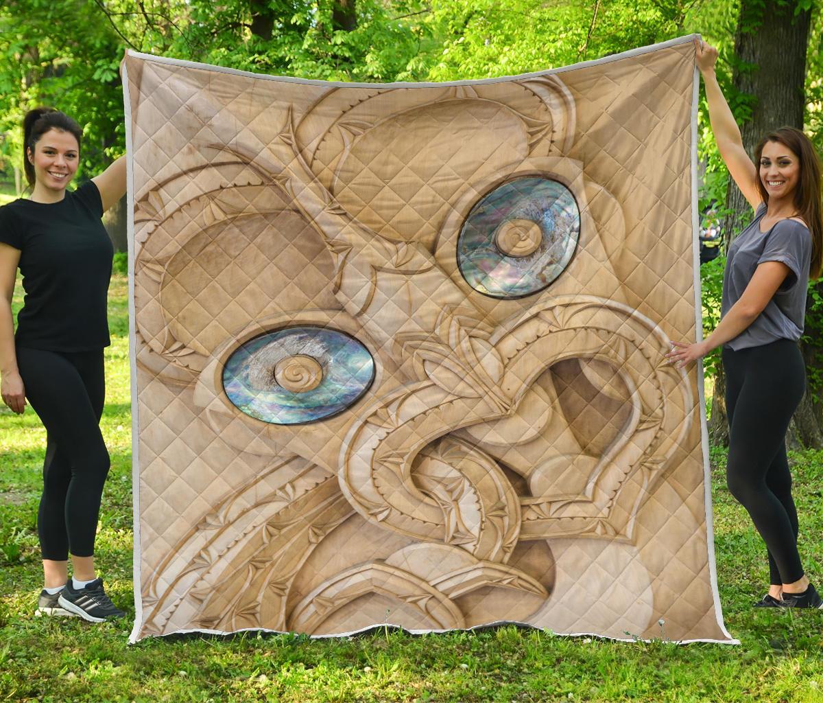 New Zealand Maori Quilt, Tiki With Paua Shell Eyes Quilt Blanket - Vibe Hoodie Shop