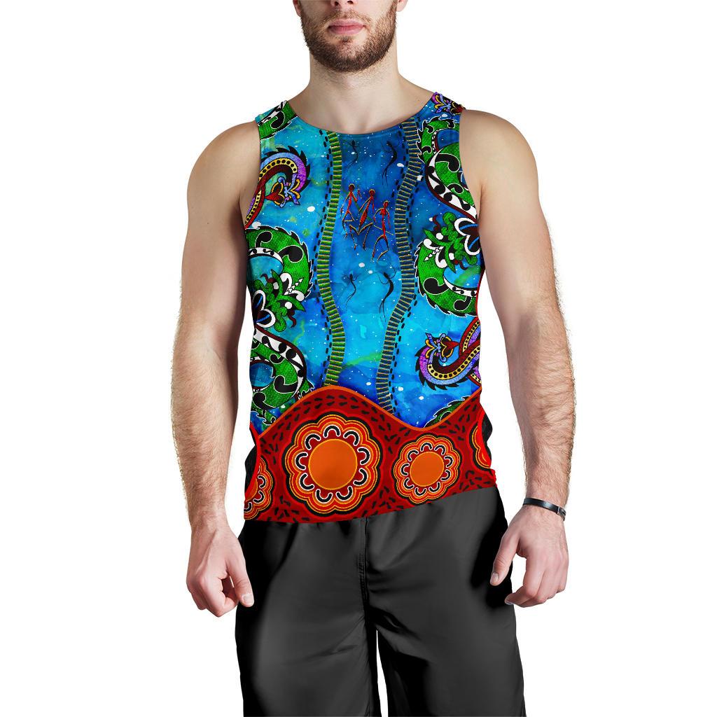 Aboriginal Men's Tank Top - Aussie Indigenous Patterns Blue - Vibe Hoodie Shop