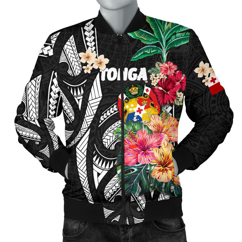 Hoodie Tonga Men's Bomber Jacket Coat Of Arms Polynesian With Hibiscus - Vibe Hoodie Shop