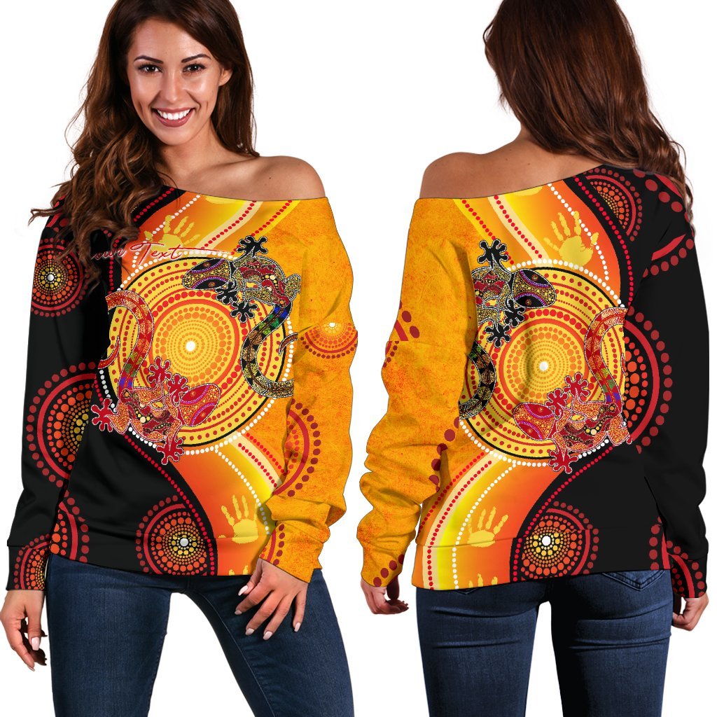 Aboriginal Personalised Women's Off Shoulder Sweater - Couple Aboriginal Lizards - Vibe Hoodie Shop